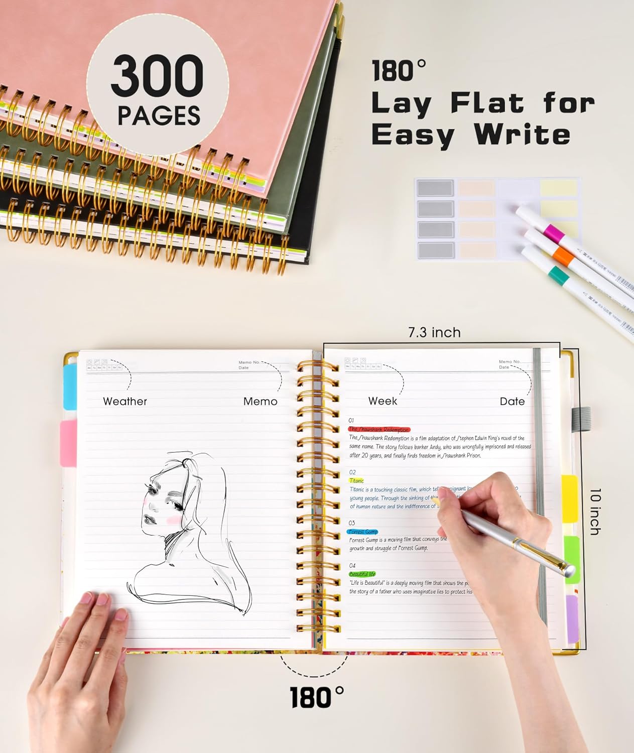 Hardcover Spiral Notebook journal with Removable Dividers Tabs, 300 Pages Leather 5 Subject Notebook College Ruled, 8"x10" Large B5 Notebooks for Work School Note taking, Lined Journal for Women,Black