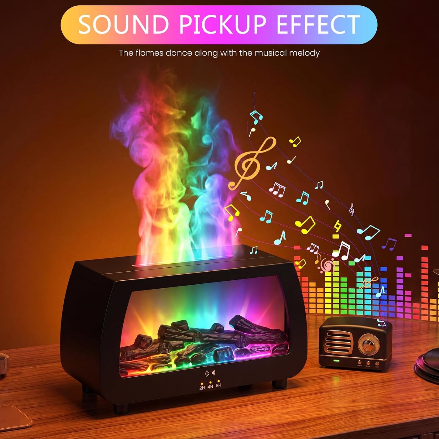 Simulated Fireplace Aroma Diffuser, 200mL Humidifier with Sound Pickup RGB Flame Lights, Timer & Remote Control, 7.5W Quiet Essential Oil Diffuser for Home, Bedroom, Office