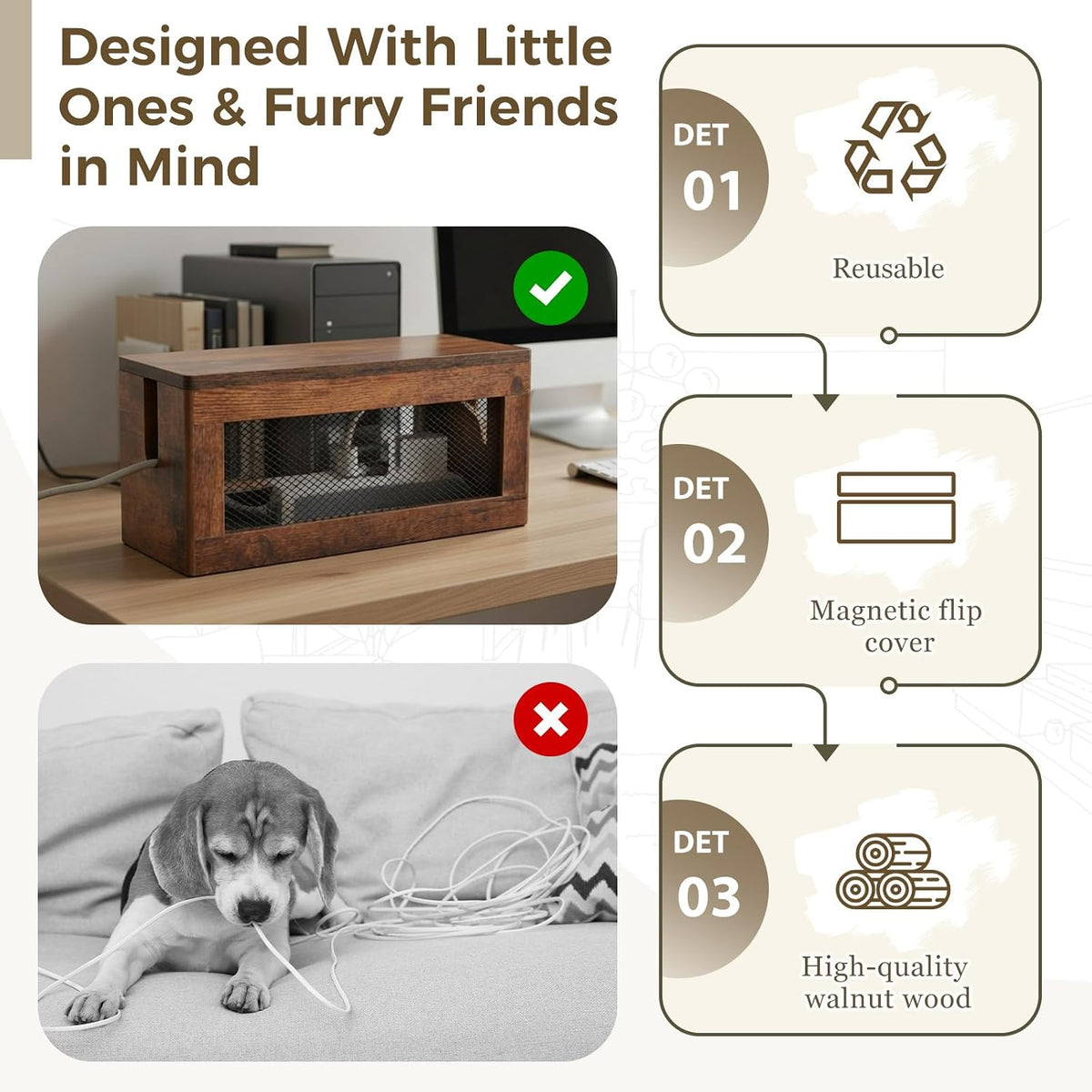 Chunful 13 Inch Cable Management Box, Wood Cord Hider Organizer with Magnetic Lid & Organizer for Power Strip, TV Wires & Desk Cable Storage, Ventilation Hide Floor Cables