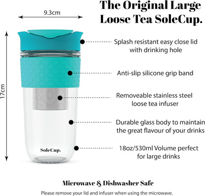 Large Travel Mug Loose Tea Infuser - Detachable Tea Strainer with Spill Proof Lid - 18oz/530ml BPA-Free Reusable Glass Travel Coffee Cup with Silicone Band (Ice Cream, 18oz)