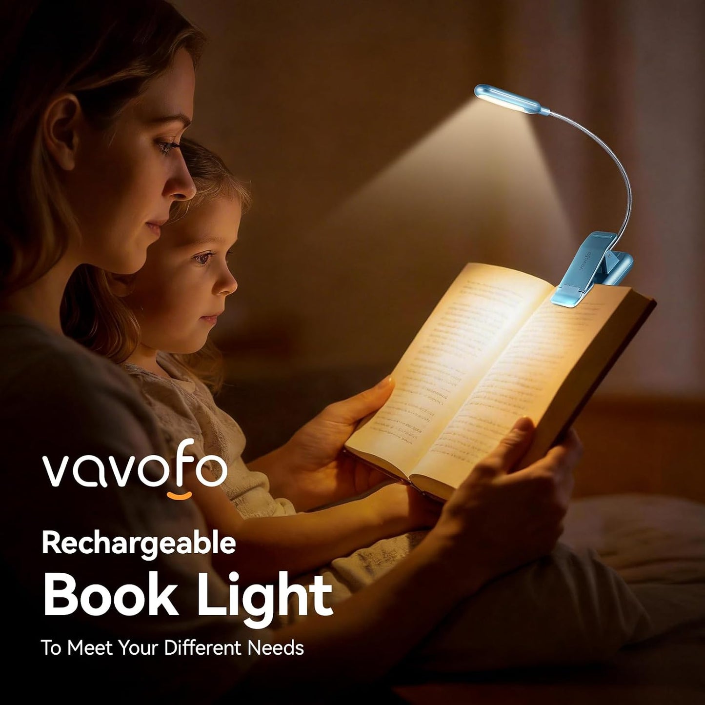 VAVOFO Clip On Book Light for Bed Kids, 7 LED Reading Light with 9-Level Warm Cool White Daylight, Eye Care Lamp with Power Indicator for Bookworms (Blue)