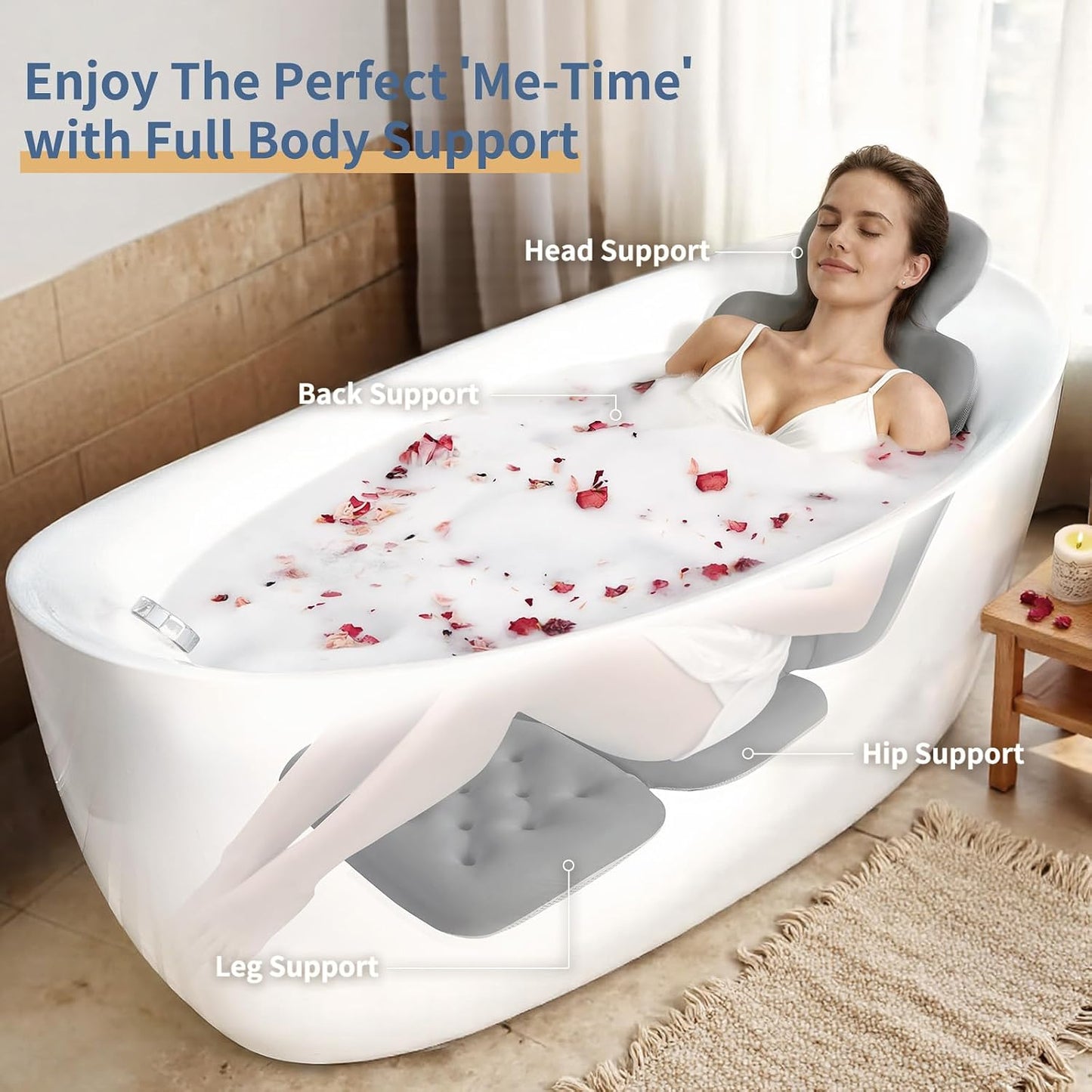 Luxury Bath Cushion, Full Body Bathtub Pillow with 160 Suction Cups, Bath Mat for Head and Neck Support, with Laundry Bag (Blue, 51" x 16")