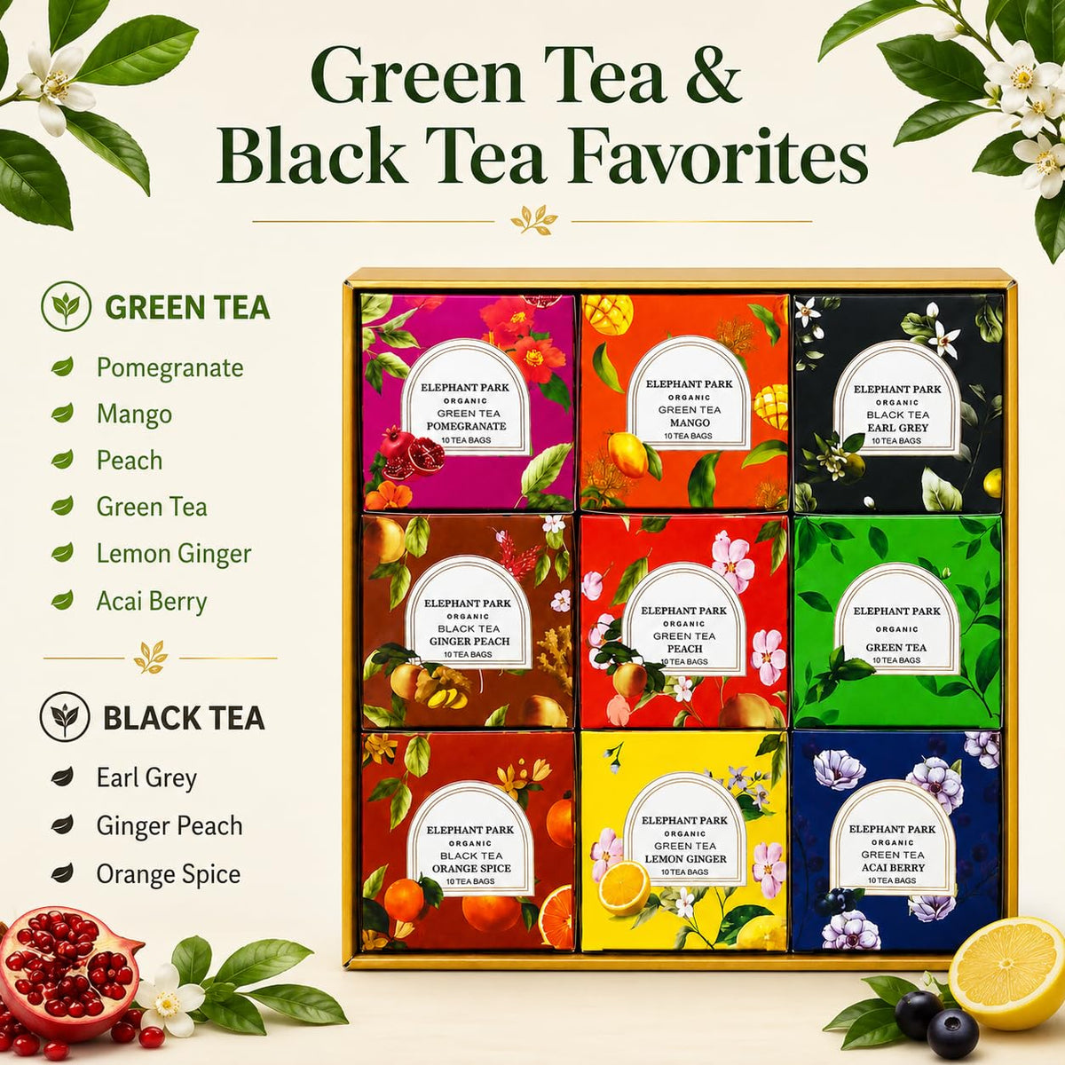 Premium Organic Holiday Tea Bag Sampler Gift Box - 90 Bags 9 Exotic Flavors Herbal Orange Spice, Mango, Earl Grey, Pomegranate, Peach, Green, Ginger Peach, Lemon Ginger, Acai Berry