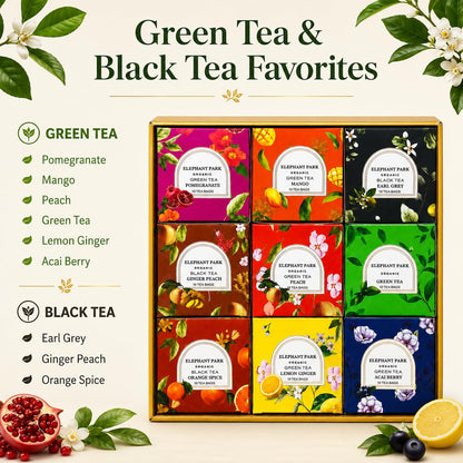Premium Organic Holiday Tea Bag Sampler Gift Box - 90 Bags 9 Exotic Flavors Herbal Orange Spice, Mango, Earl Grey, Pomegranate, Peach, Green, Ginger Peach, Lemon Ginger, Acai Berry