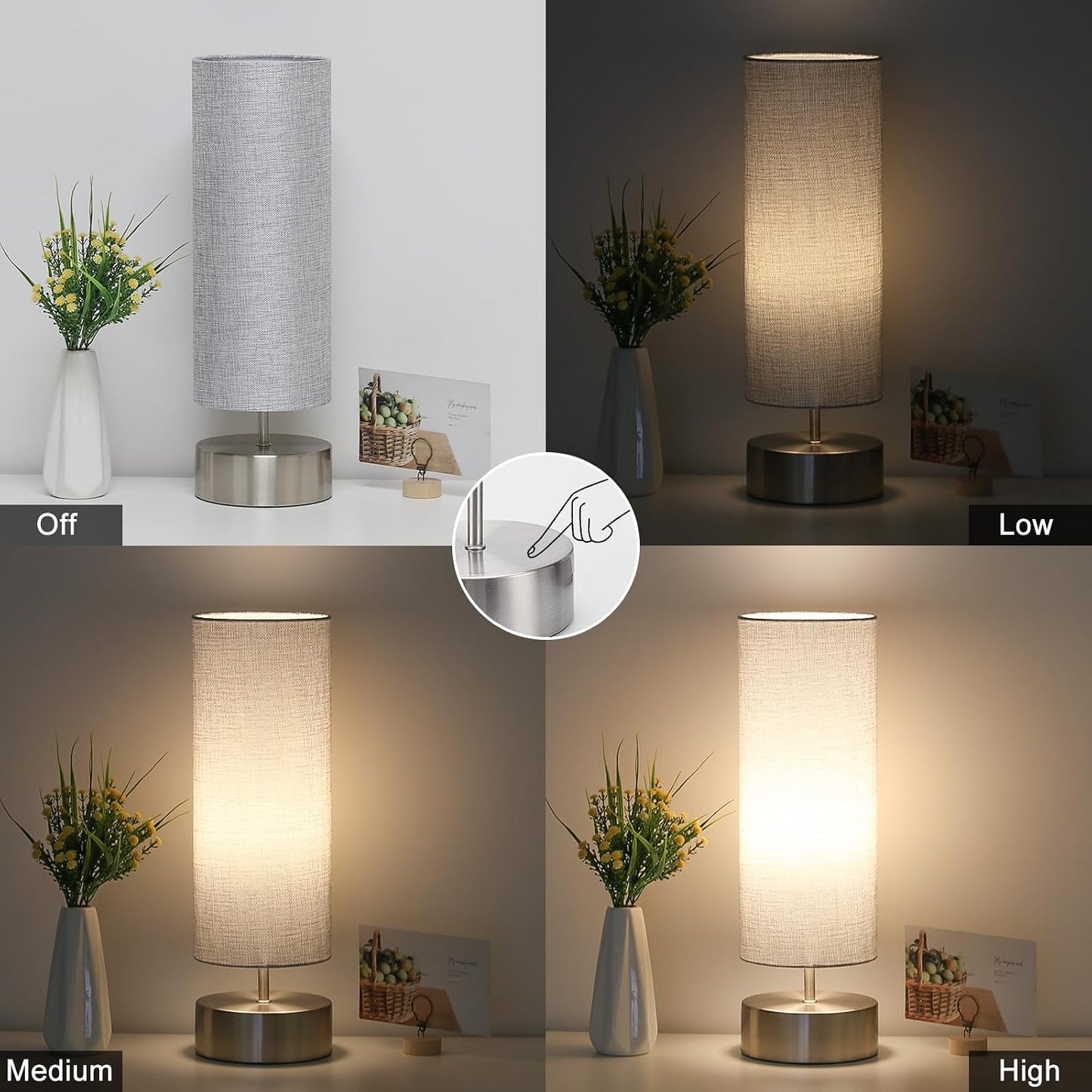 Touch Table Lamp, 3-Way Dimmable Modern Minimalist Accent Bedside Lamp with Cylinder Fabric Shade, Night Light Nightstand Desk Lamp for Bedroom Living Room Kitchen, 9W LED Bulb Included