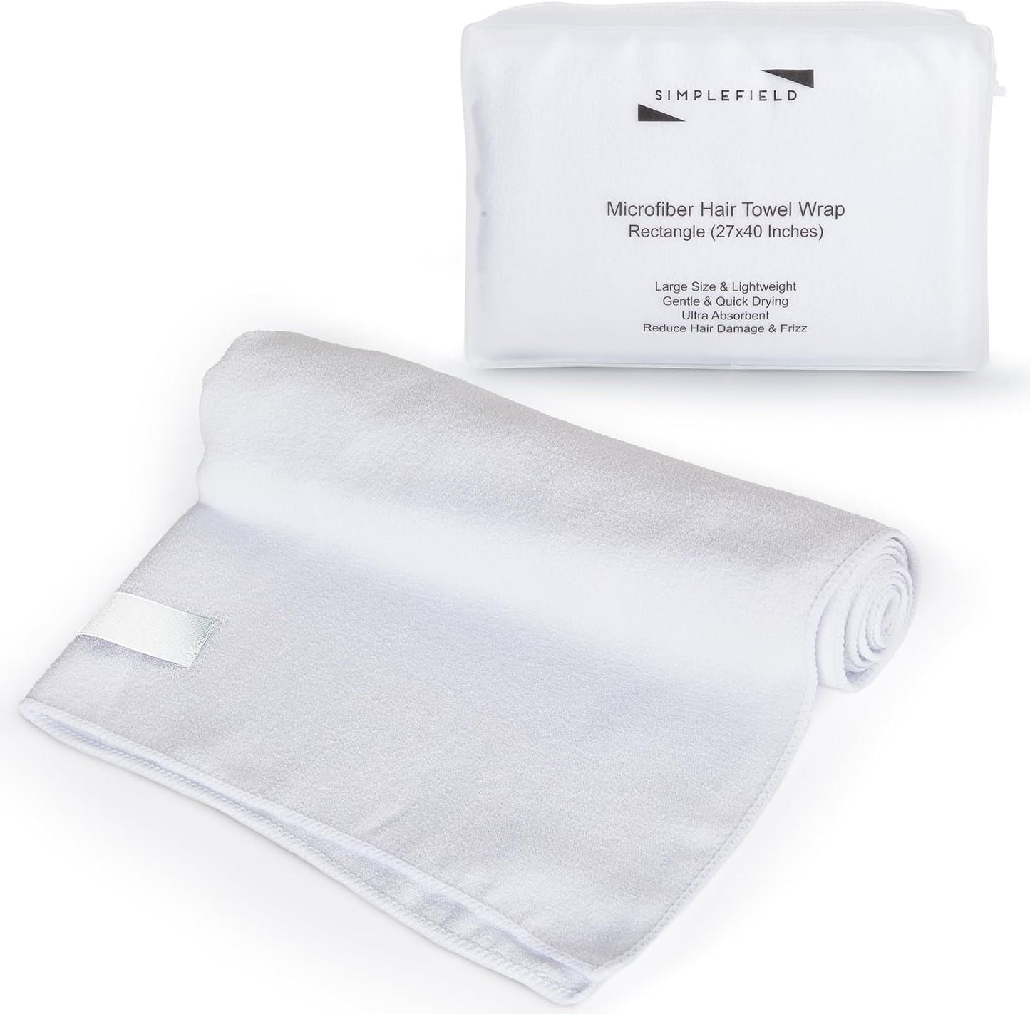 SimpleField Large Microfiber Hair Towel Wrap (27x40 Inches) for Women, Anti-Frizz Flat Rectangle Drying Towel with Full Hair Coverage Design, Elastic Band for Long, Curly and Thick Hair (Beige)