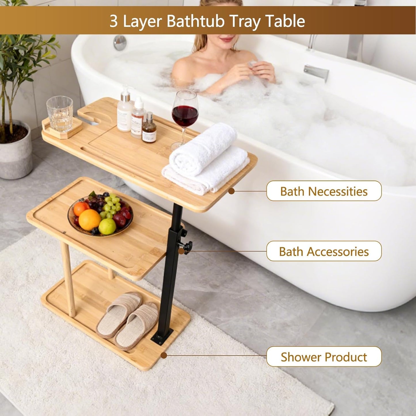 3 Layer Bathtub Tray Table,Bamboo Swivel Bathtub Side Table Height Adjustable,Freestanding Bathtub Tray for Tub Against Wall,Bathtub Accessories&Bathroom Organizer for Luxury Home Spa (Black)