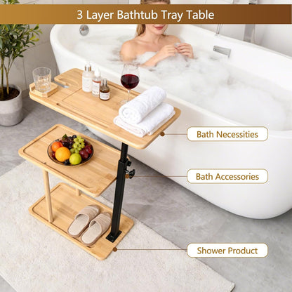 3 Layer Bathtub Tray Table,Bamboo Swivel Bathtub Side Table Height Adjustable,Freestanding Bathtub Tray for Tub Against Wall,Bathtub Accessories&Bathroom Organizer for Luxury Home Spa (Black)