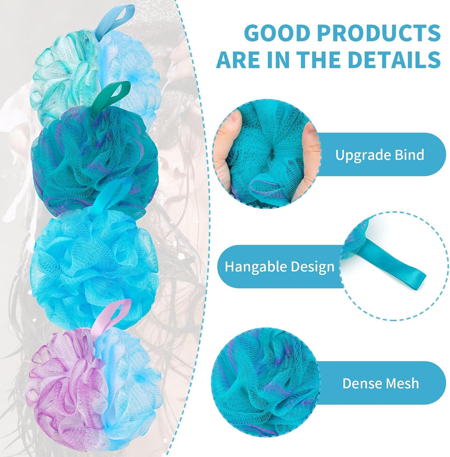 BCKENEY Bath Loofah Shower Sponge Body Back Scrubber Soft Mesh Shower Puffs Exfoliating Loofa for Women & Men Bath Accessories Cleaning Tool (Pack of 4 60G Loofah, Dark Elf)