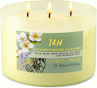 Eucalyptus Jasmine Lavender Scented Candle | 3-Wick Large Soy Candle for Home, 15.8 oz | Eucalyptus & Lavender Aromatherapy Candle | Self Care Gifts for Women, Candles for Men