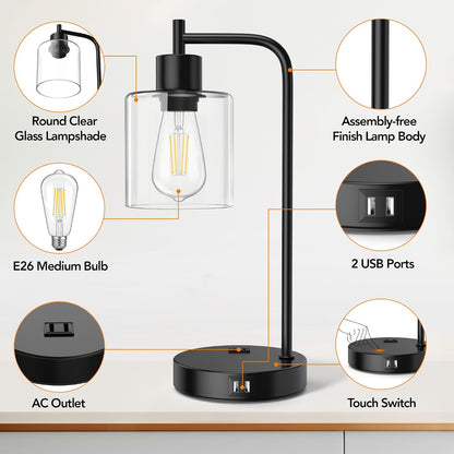 QiMH Industrial Table Lamp for Bedroom Set of 2, Green Glass Beside Lamp with USB A&C Ports, Stepless Dimmable Gold Lamps, Nightstand Lamps for Living Room, Office, Home Decor(Bulb Included)