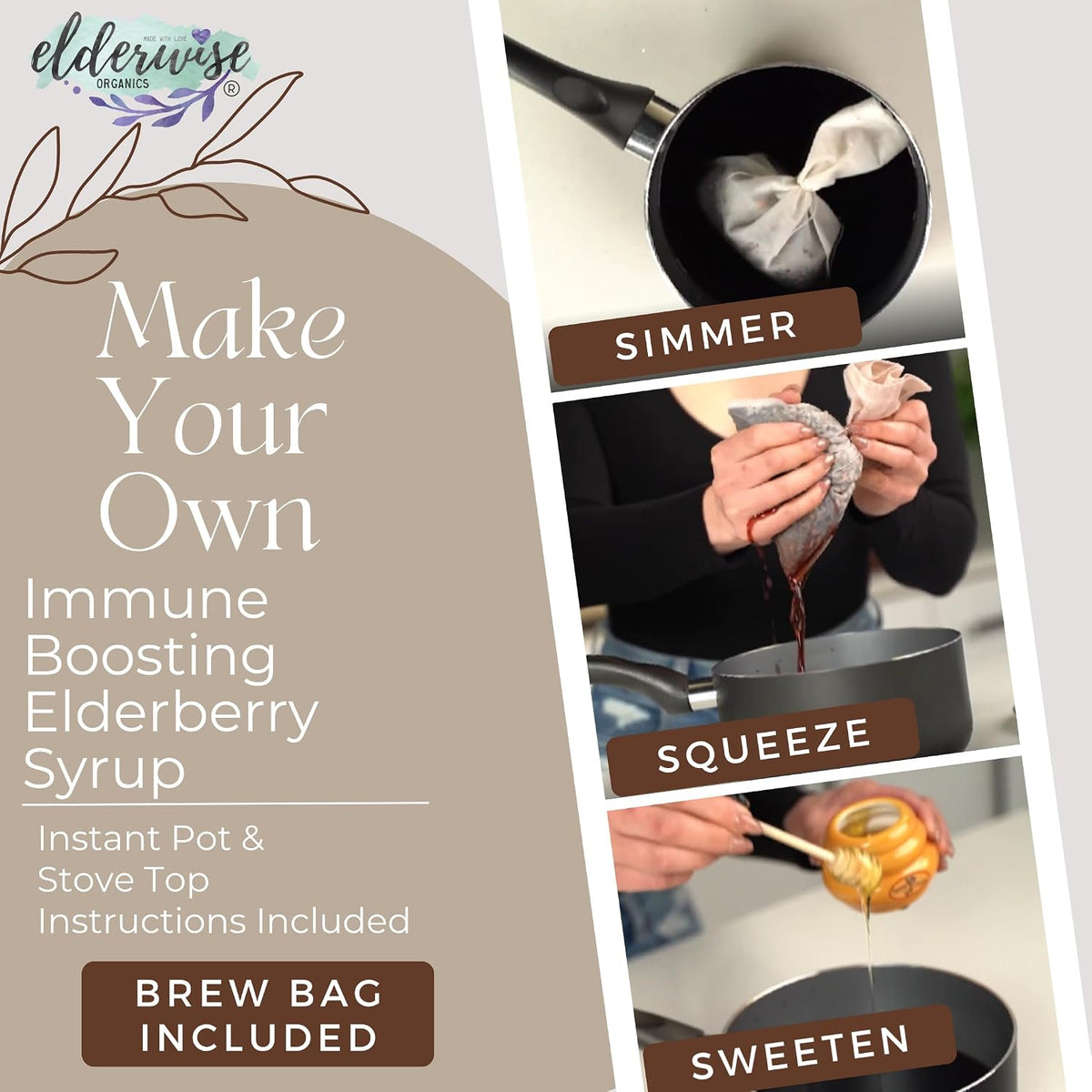 Elderwise DIY Organic Elderberry Syrup Kit for Immune Support, Makes 32 oz, Easy Pre-Measured Elderberry Syrup Kit With Rosehips, Ginger, Echinacea, Warm Spices, Brew Bag included for At-Home Preparation