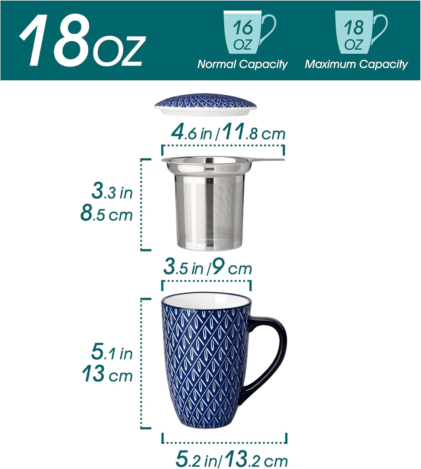 vancasso SELENE Porcelain Tea Mug, 18 oz Porcelain Tea Cup with Infuser and Lid Steeps Loose Leaf Tea, Microwave & Dishwasher Safe, Blossom Cluster