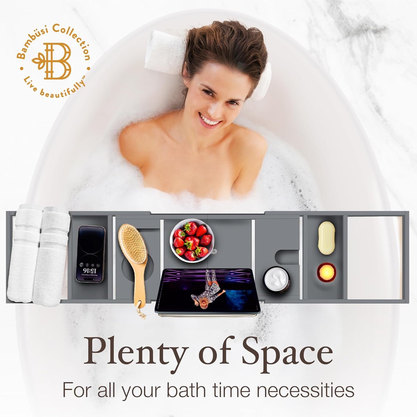 Bambüsi Bathtub Tray for Tub - Brown Bamboo Bath Tray, Expandable Wooden Bath Caddy Tray with Wine Holder, Book and Tablet Stand, Bathroom Accessories, Tub Table, Spa Bath Gifts for Women and Couples