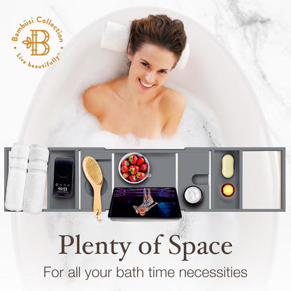 Bambüsi Bathtub Tray for Tub - Brown Bamboo Bath Tray, Expandable Wooden Bath Caddy Tray with Wine Holder, Book and Tablet Stand, Bathroom Accessories, Tub Table, Spa Bath Gifts for Women and Couples