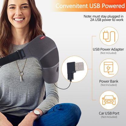 Shoulder Heating Pad Massager for Rotator Cuff Upper Arm Pain Relief, USB Powered Heated Shoulder Wrap with Vibration Massage for Women Men Travel Outdoor (Non-Rechargeable)