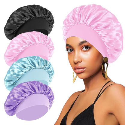 4PCS Silk Satin Bonnets for Black Women & Men - Elastic Wide Band Hair Wrap Cap for Curly Hair - Shower Cap for Sleeping (Black, Peacock Blue, Pink, Khaki)