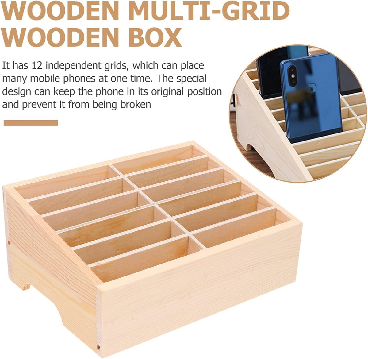 SEWACC Wooden Cell Phone Storage Box Holder Desktop Organizer 12 Grids Office Classroom Home Mobile Phone Storage Box