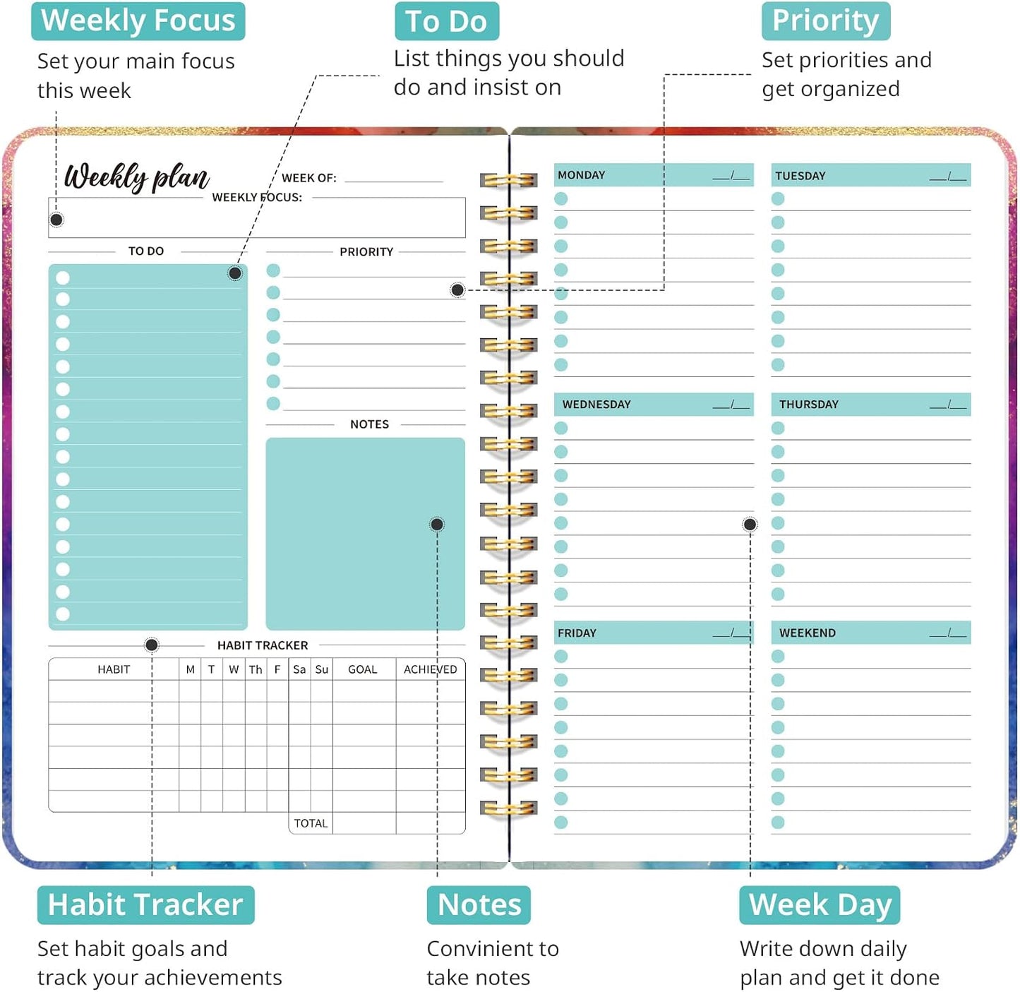 Taja Undated Weekly Planner, Weekly To Do List Notebook with Goal & Habit Tracker Organizer, A5 Weekly Planner Notebook with Spiral Binding, 6.1" x 8.2" - Green