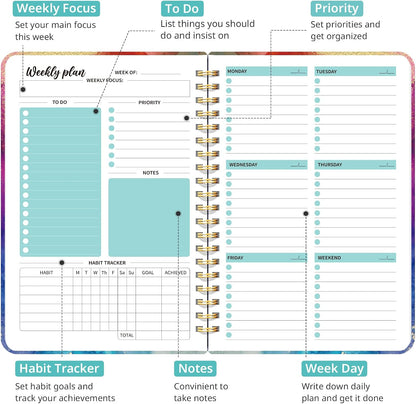 Taja Undated Weekly Planner, Weekly To Do List Notebook with Goal & Habit Tracker Organizer, A5 Weekly Planner Notebook with Spiral Binding, 6.1" x 8.2" - Green