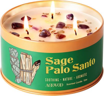 AOOVOO Sage Candle for Cleansing - 3 Wick 12oz Large Scented Candle with Crystals & Sage Leaves Inside, Soy Candles Non Toxic for Meditation Spiritual Gift, Aromatherapy Candle for Women Men