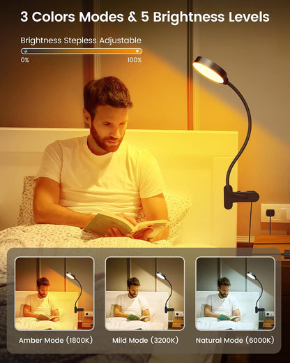 Glocusent 5W Clip on Light, 36 LED Eye Caring Reading Light for Bed, 3 Colors & 5 Brightness Clip on Lamp with Adapter, Perfect Desk Lamp with Clamp/Bunk Bed/Headboard/Table