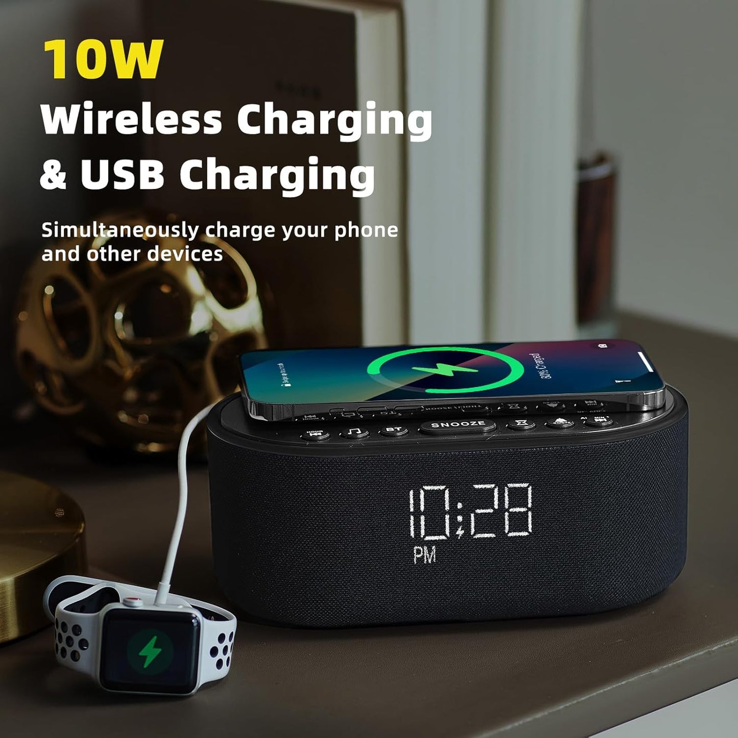 Sound Machine Alarm Clock for Bedrooms: Bluetooth 10W Stereo Sound Speaker with Wireless Charging - White Noise Machine for Sleeping with 21 Soothing Sounds - Putty