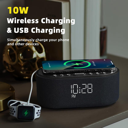 Sound Machine Alarm Clock for Bedrooms: Bluetooth 10W Stereo Sound Speaker with Wireless Charging - White Noise Machine for Sleeping with 21 Soothing Sounds - Putty