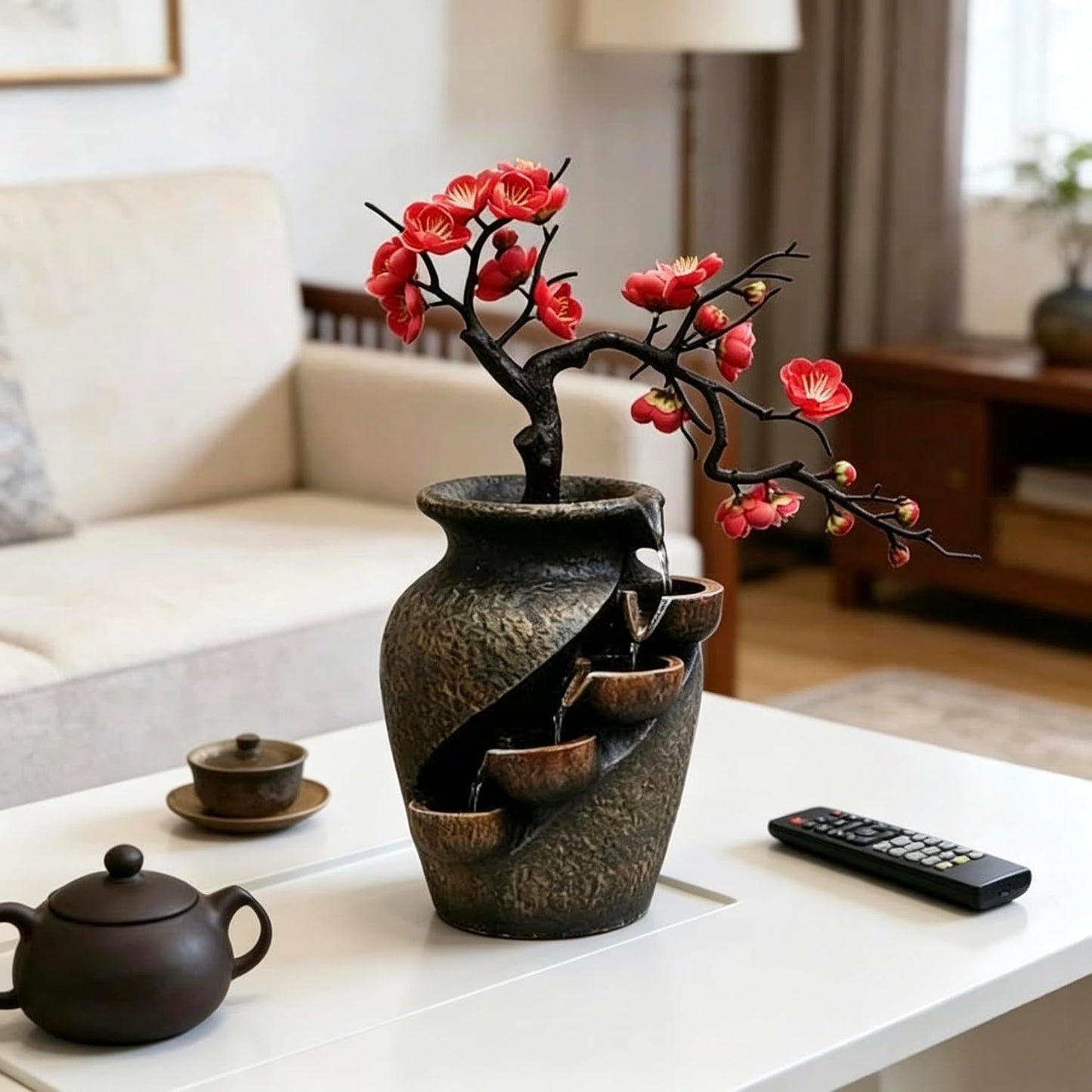 Mini Artificial Bonsai Tree Waterfall Fog Feature Rock Tabletop Fountain | 11in Desktop Decor Waterfall Fountain W/ Water Pump& Atomizer&LED Lights &Fake Tree Office Bedroom Relax