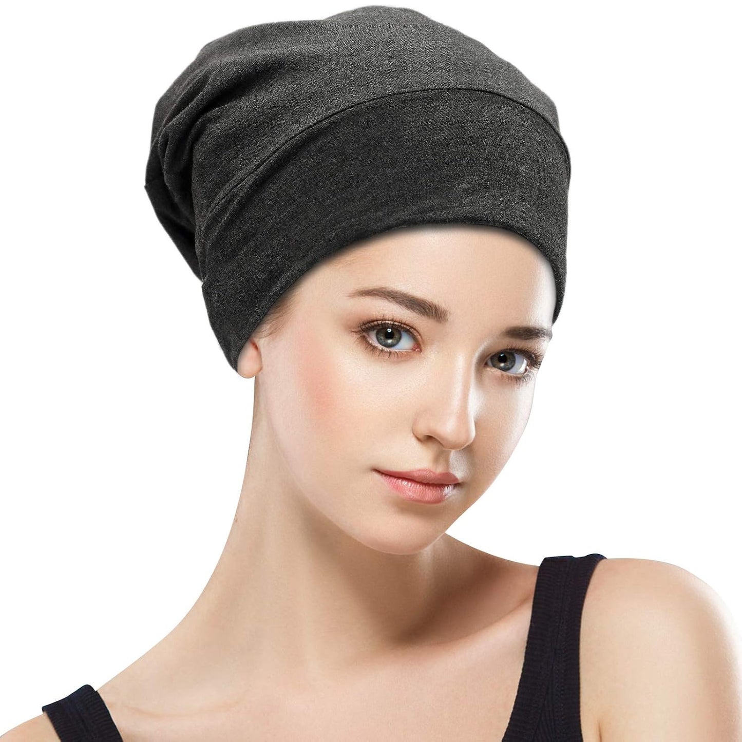 Silk Satin Lined Bonnet Sleep Cap - Adjustable Stay on All Night Hair Wrap Cover Slouchy Beanie for Curly Protection Women and Men Solid Black