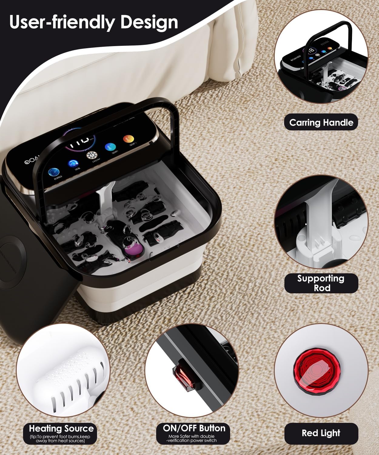 OOAMBB Collapsible Foot Spa with Heat, Bubble,Temp Control,Remote Control, Color Touch Screen Foot Bath Massager with 6 Massage Rollers,Foot Soaking Tub,Pedicure Foot spa for Stress Relief (Deep Grey)