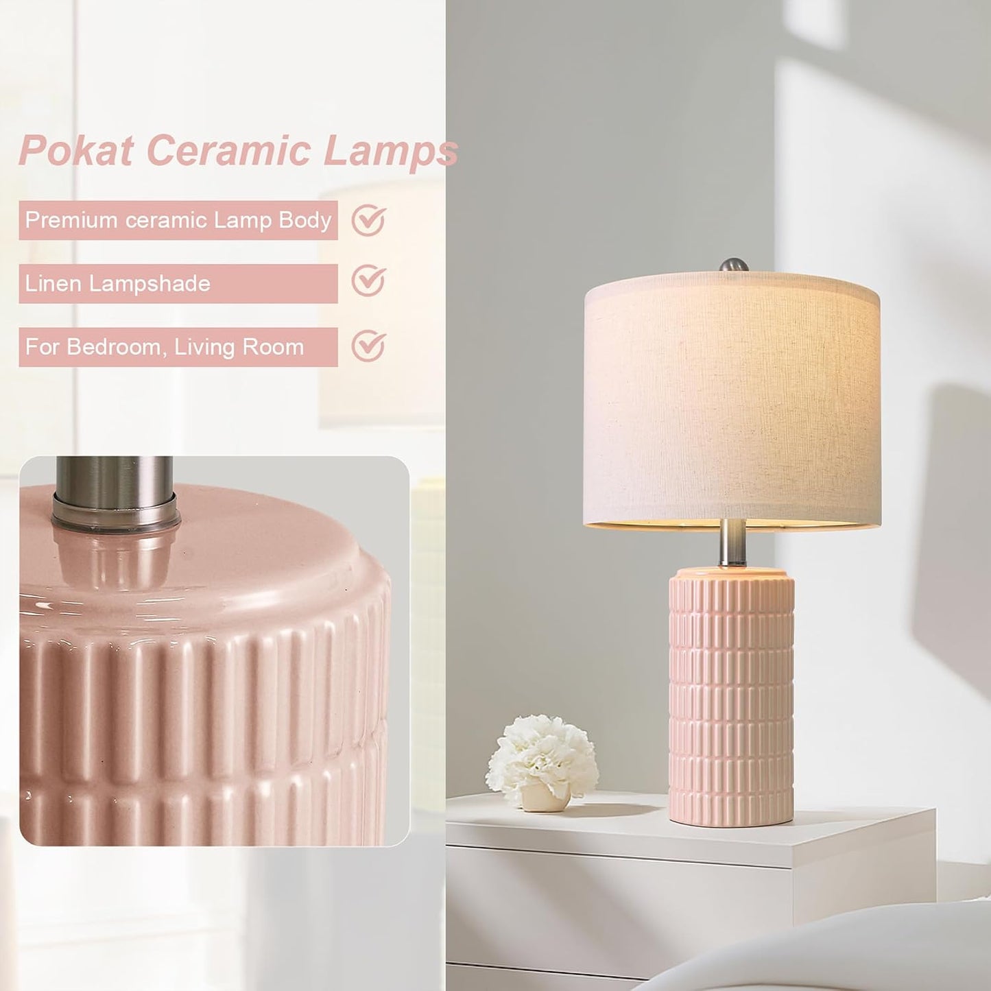 PoKat 20.75" Small Modern Ceramic Table Lamps Set of 2 for Bedroom, White Bedside Lamps for Night Stands, Farmhouse Desk Home Decor Gift Nightstand Table Lamps for Living Room End Table Beige