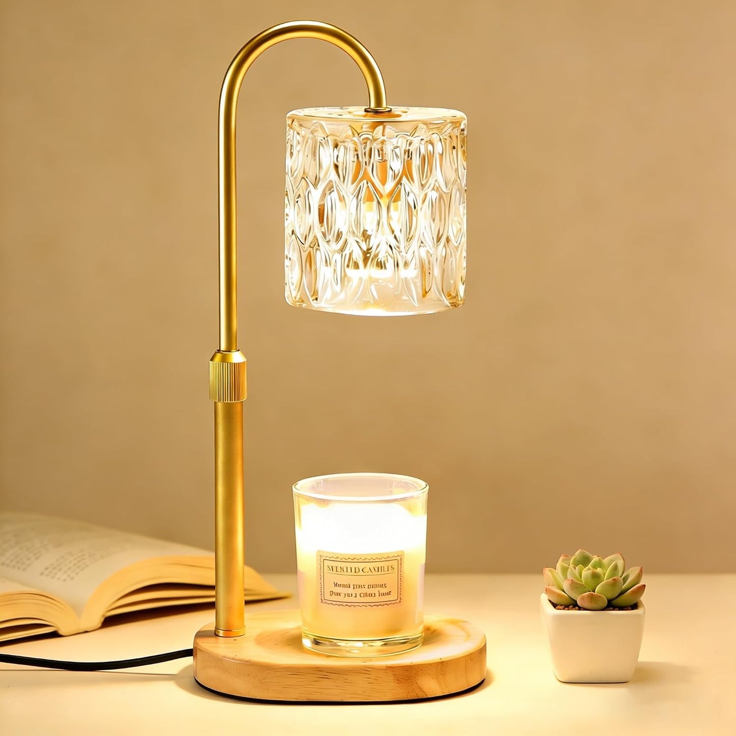 Dreamholder Electric Candle Warmer Lamp with Timer, Dimmable Candle Lamp with Adjustable Height, Wax Melter for Jar Candles Wood Base Floral Home Decor Gifts for Women Mom, Silver Glass