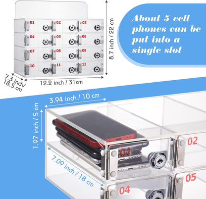 Threan 12 Slot Cell Phone Storage Box, Acrylic Clear Cell Phone Storage Cabinet Wall Mounted with Door, Locks and Keys for Office School Factory
