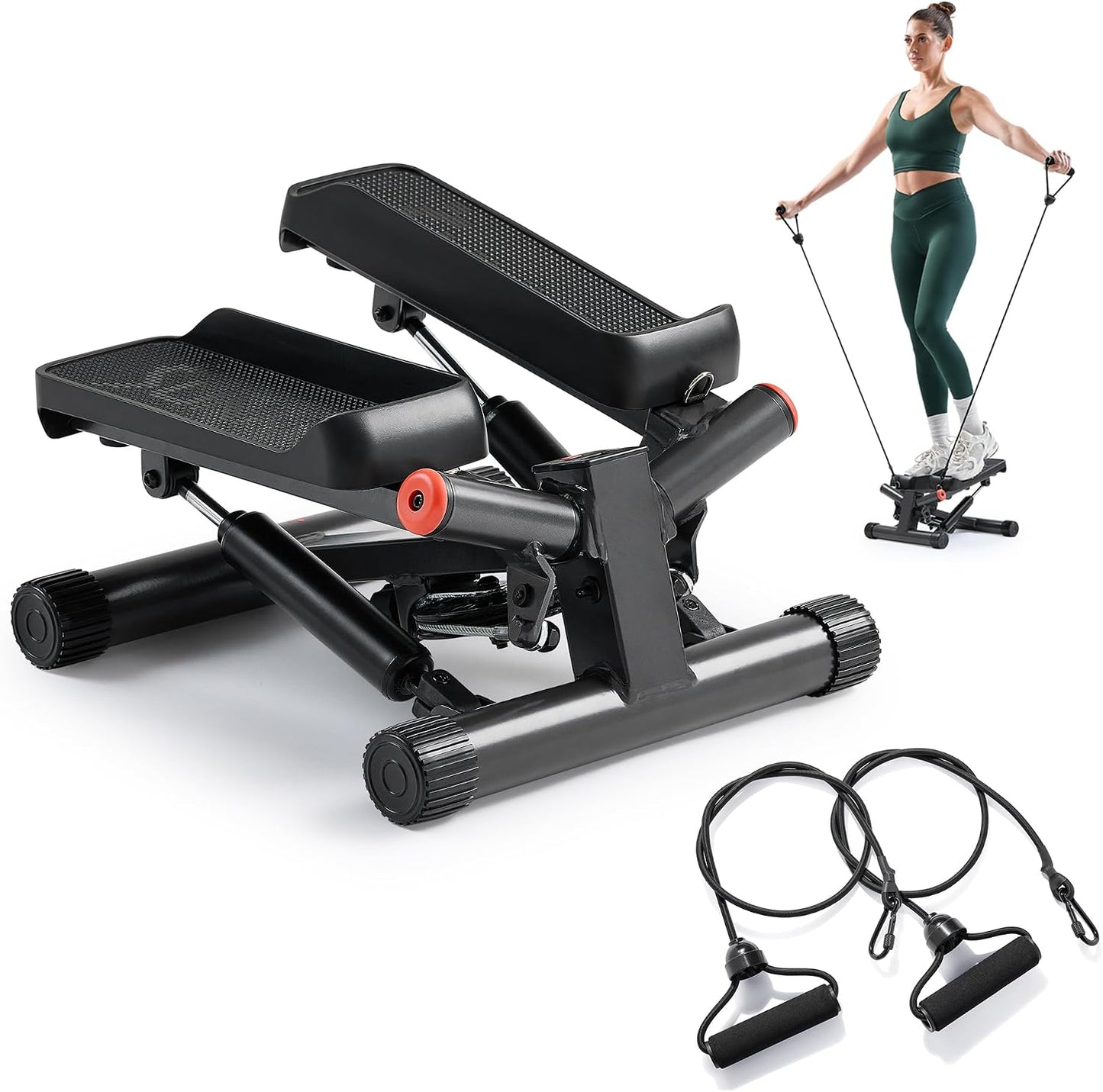 Sunny Health & Fitness Twist Steppers with Resistance Bands, Compact Mini Stair Step Machines for Low-Impact Home Cardio Workouts
