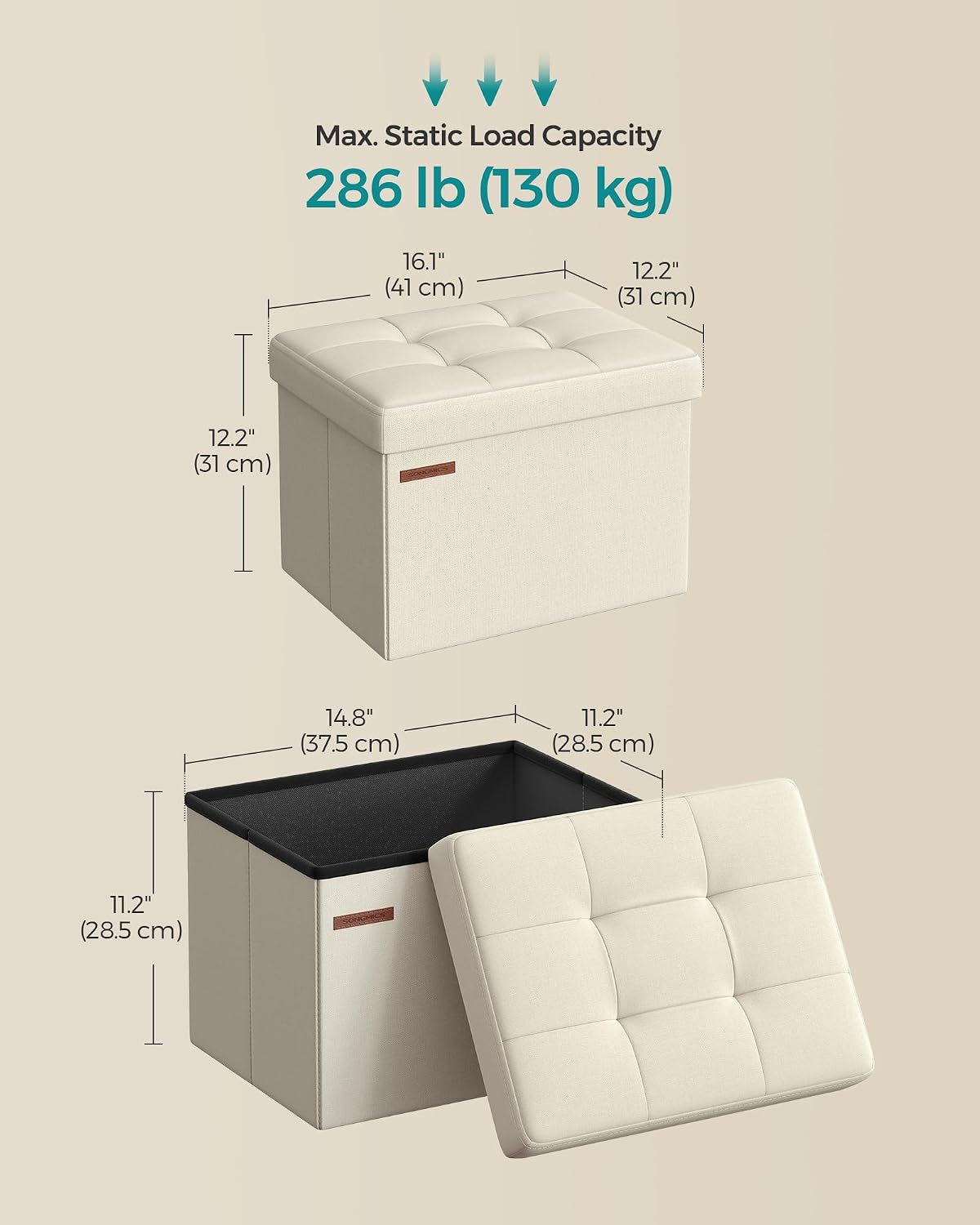 SONGMICS Mazie Collection - Small Folding Storage Ottoman, Foot Rest Stool, 12.2 x 16.1 x 12.2 Inches, 286 lb Load Capacity, for Living Room, Bedroom, Home Office, Dorm, Dark Gray ULSF102G01