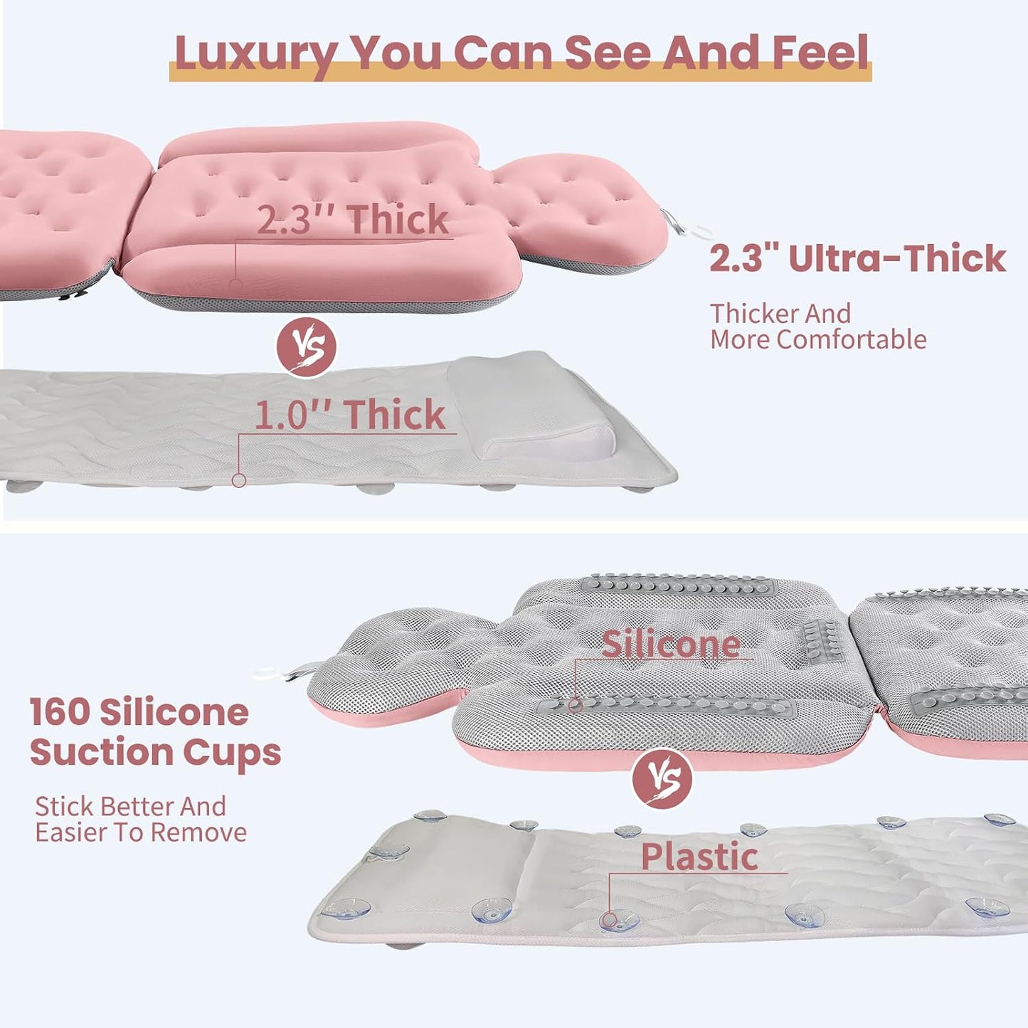 Luxury Bath Cushion, Full Body Bathtub Pillow with 160 Suction Cups, Bath Mat for Head and Neck Support, with Laundry Bag (Light Pink, 51" x 16")