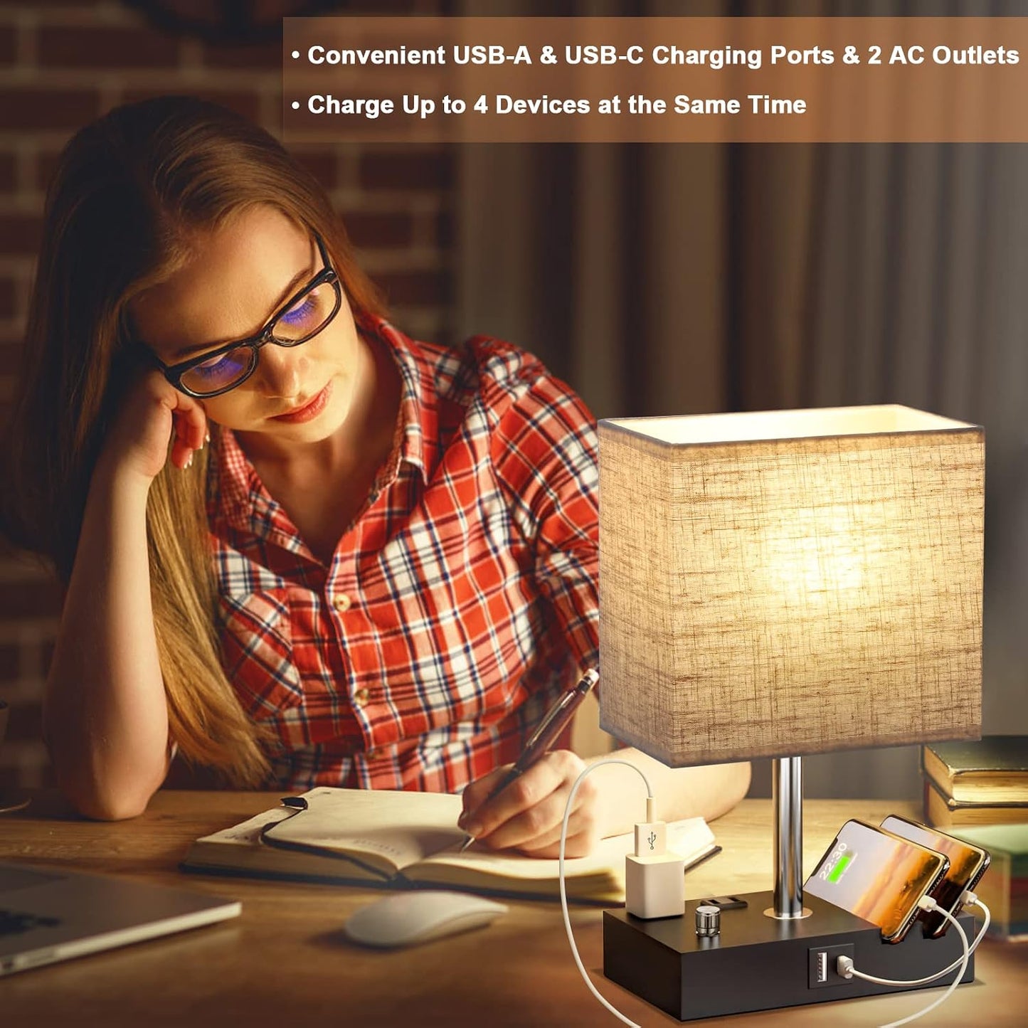 Kakanuo Fully Dimmable Nightstand Lamp for Bedroom with USB C Ports, Grey Small Bedside Table Lamp with Charging Outlets and Phone Stands, Wooden Desk Lamp for Living Room, LED Bulb Included