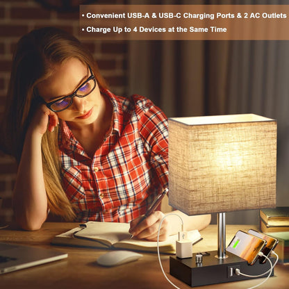 Kakanuo Fully Dimmable Nightstand Lamp for Bedroom with USB C Ports, Grey Small Bedside Table Lamp with Charging Outlets and Phone Stands, Wooden Desk Lamp for Living Room, LED Bulb Included