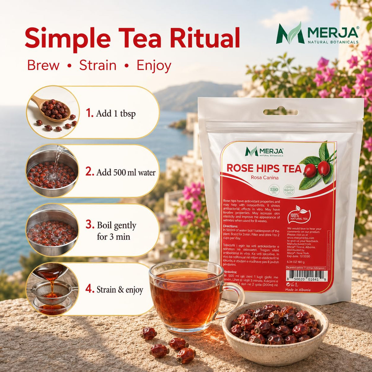 Merja Herbs Rose Hips Tea - Immune System Support & Antioxidants - Natural Caffeine Free - Loose Tea - 100% Natural & Premium Quality 180gr