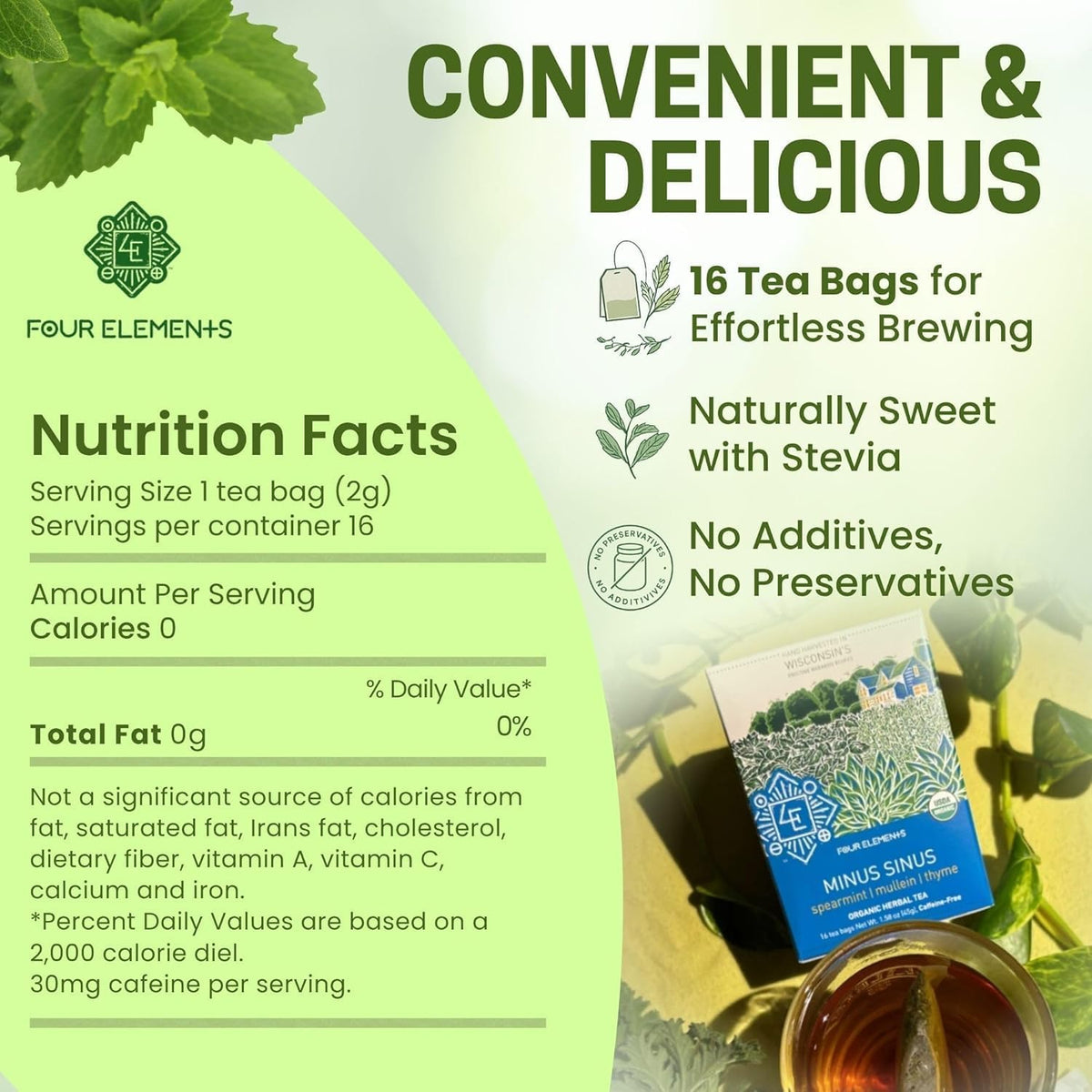 Four Elements Minus Sinus Tea 16 Bags (1.2Oz), Spearmint, Caffeine Free