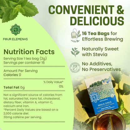 Four Elements Minus Sinus Tea 16 Bags (1.2Oz), Spearmint, Caffeine Free