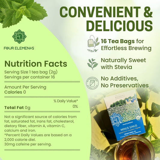 Four Elements Minus Sinus Tea 16 Bags (1.2Oz), Spearmint, Caffeine Free
