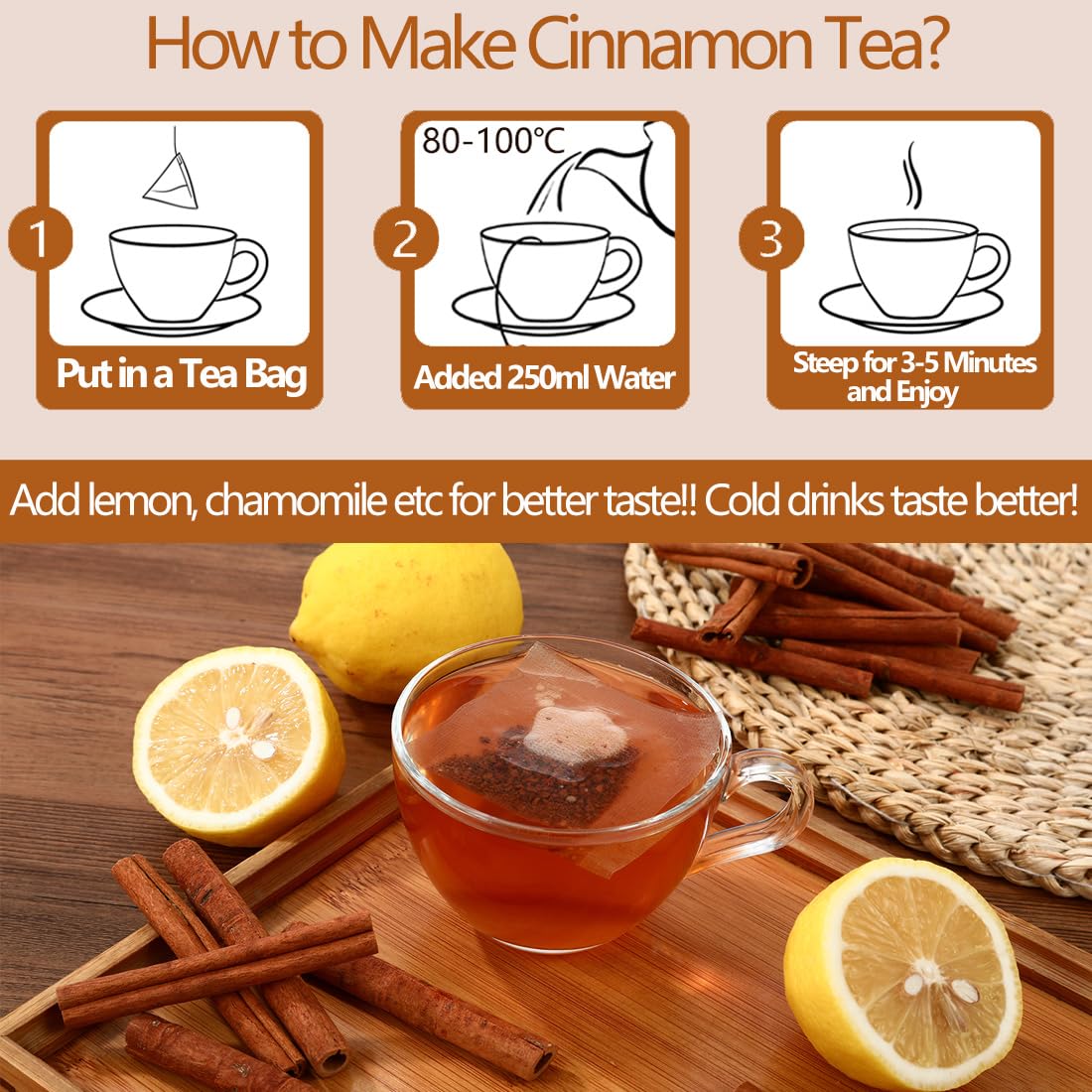 Premium 50 Pure Ceylon Cinnamon Tea Bags, Made with 100% Ceylon Cinnamon Sticks, No Additives & Caffeine Free.
