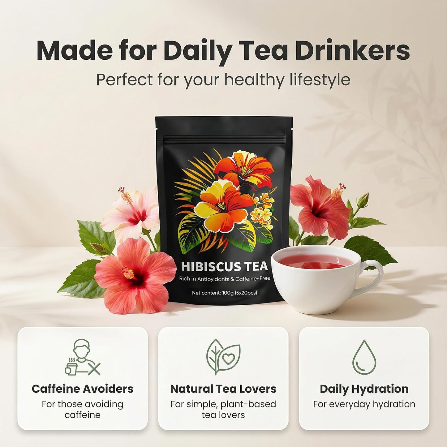 Hibiscus Tea Organic, Hibiscus Tea Loose Leaf Tea Bags, Rich In Anthocyanins & Vitamin C, Naturally Caffeine-Free, Tart & Refreshing Flavor, 20 Tea Bags