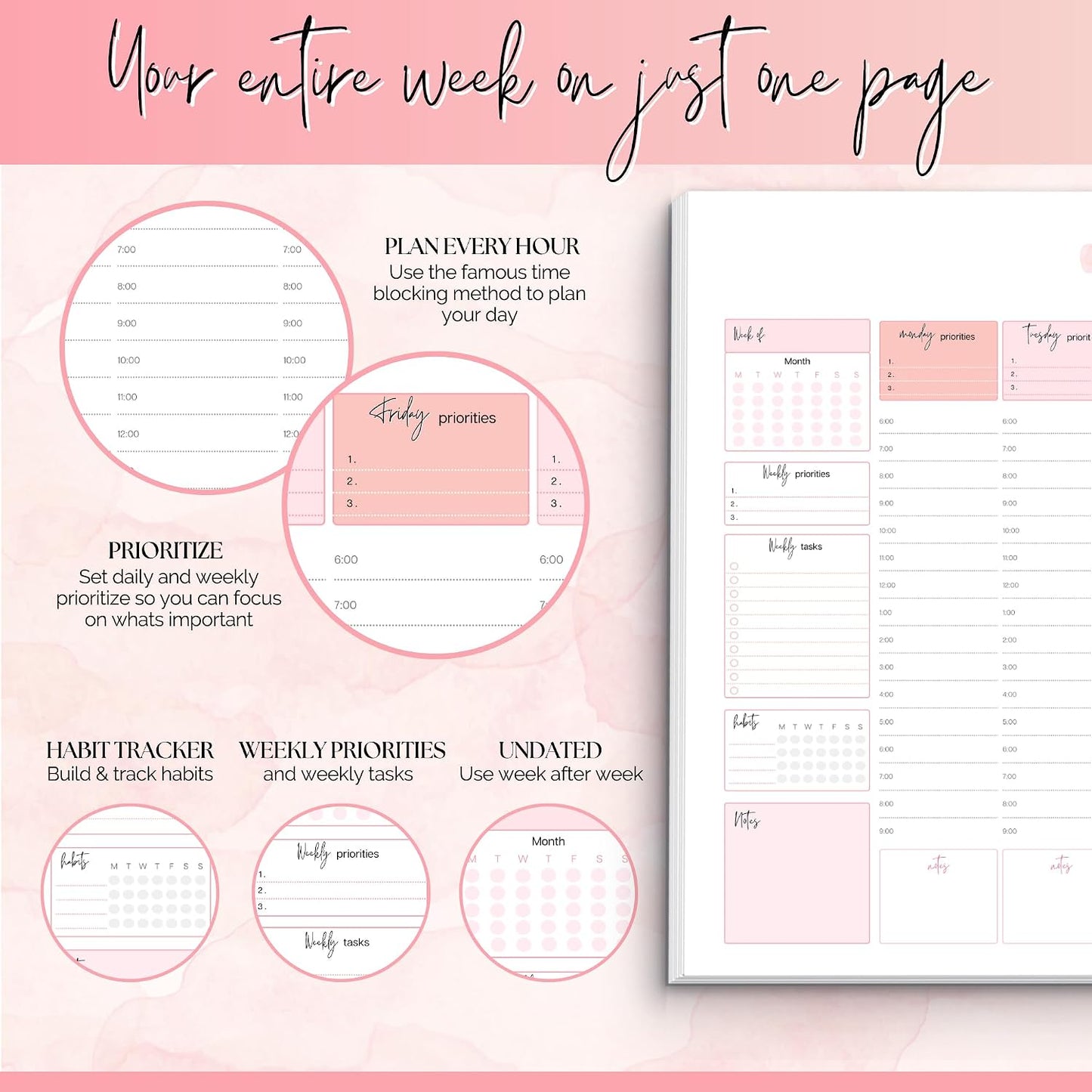 Weekly Hourly Planner Notepad, Daily Planner Desk Pad, Weekly Schedule, To Do List Note Pad, ADHD Planner | 50 Undated Tear Away Sheets | A4 (Rainbow)
