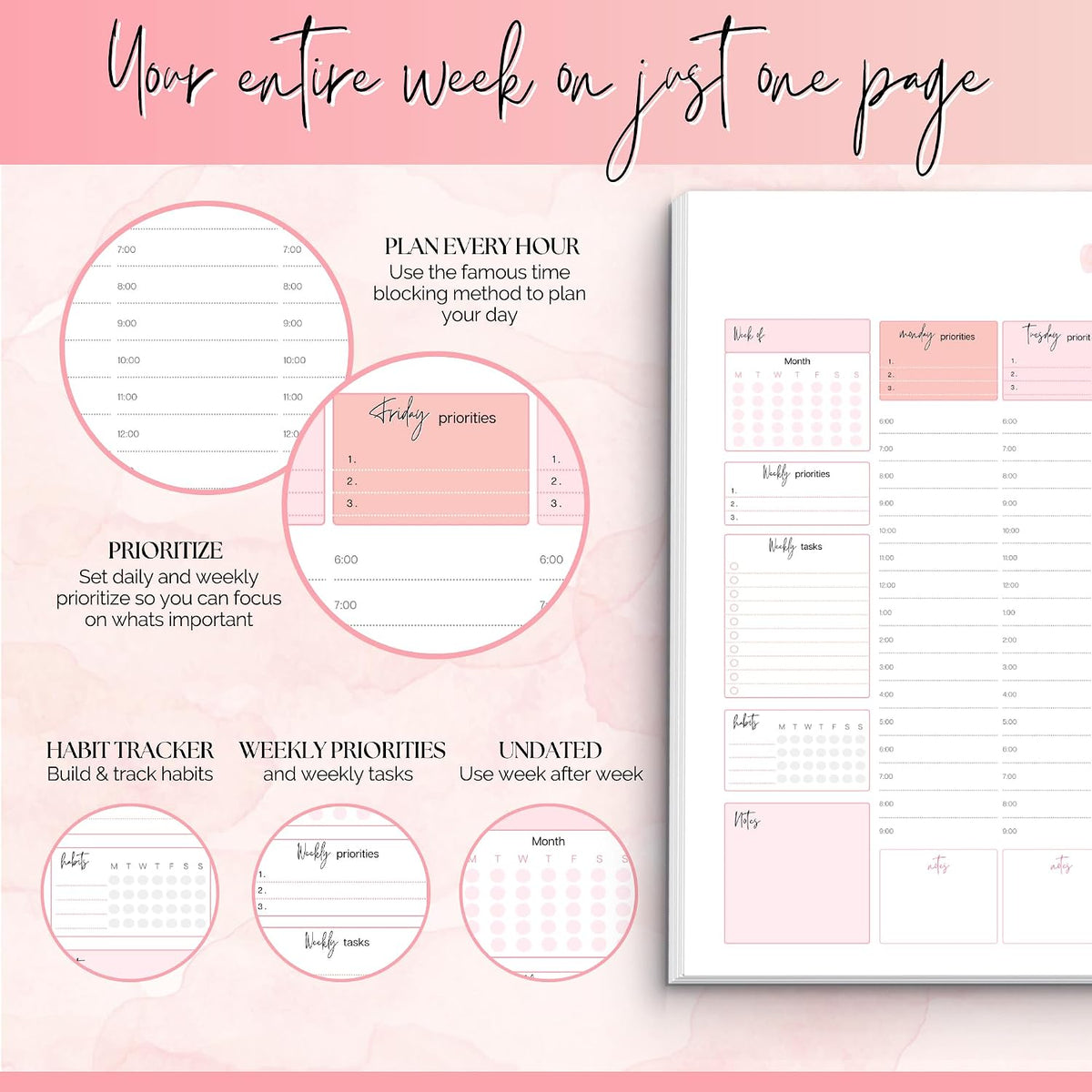 Weekly Hourly Planner Notepad, Daily Planner Desk Pad, Weekly Schedule, To Do List Note Pad, ADHD Planner | 50 Undated Tear Away Sheets | A4 (Rainbow)