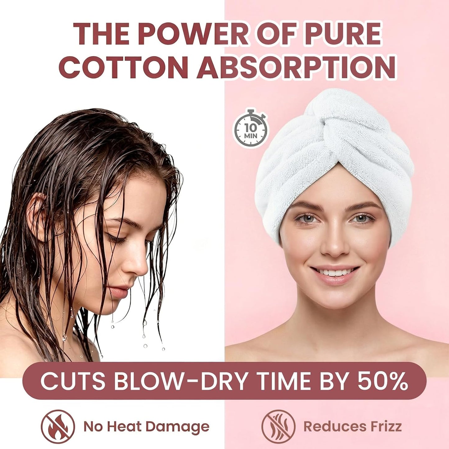Mandydov 100% Cotton Hair Towel Wrap for Women, 2 Pack Thickened & Super Absorbent Turbans, Anti Frizz Quick Dry Hair Towels (Blue, Pink Blush)