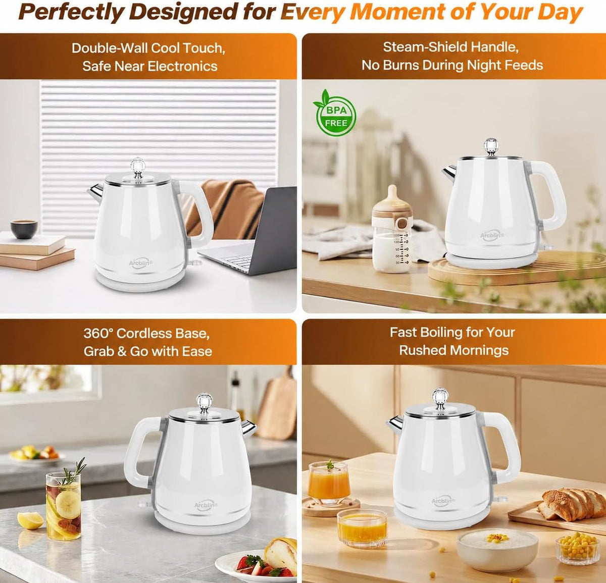 1.8L Electric Kettle, Tea Kettle with Fast Boil 1350W, Pearl White