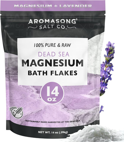 Aromasong RAW Magnesium Bath Flakes with 100% Natural Lavender, 14 Oz. Muscle Relaxing Organic Salts Mg Chloride, Mineral Soak Salt.